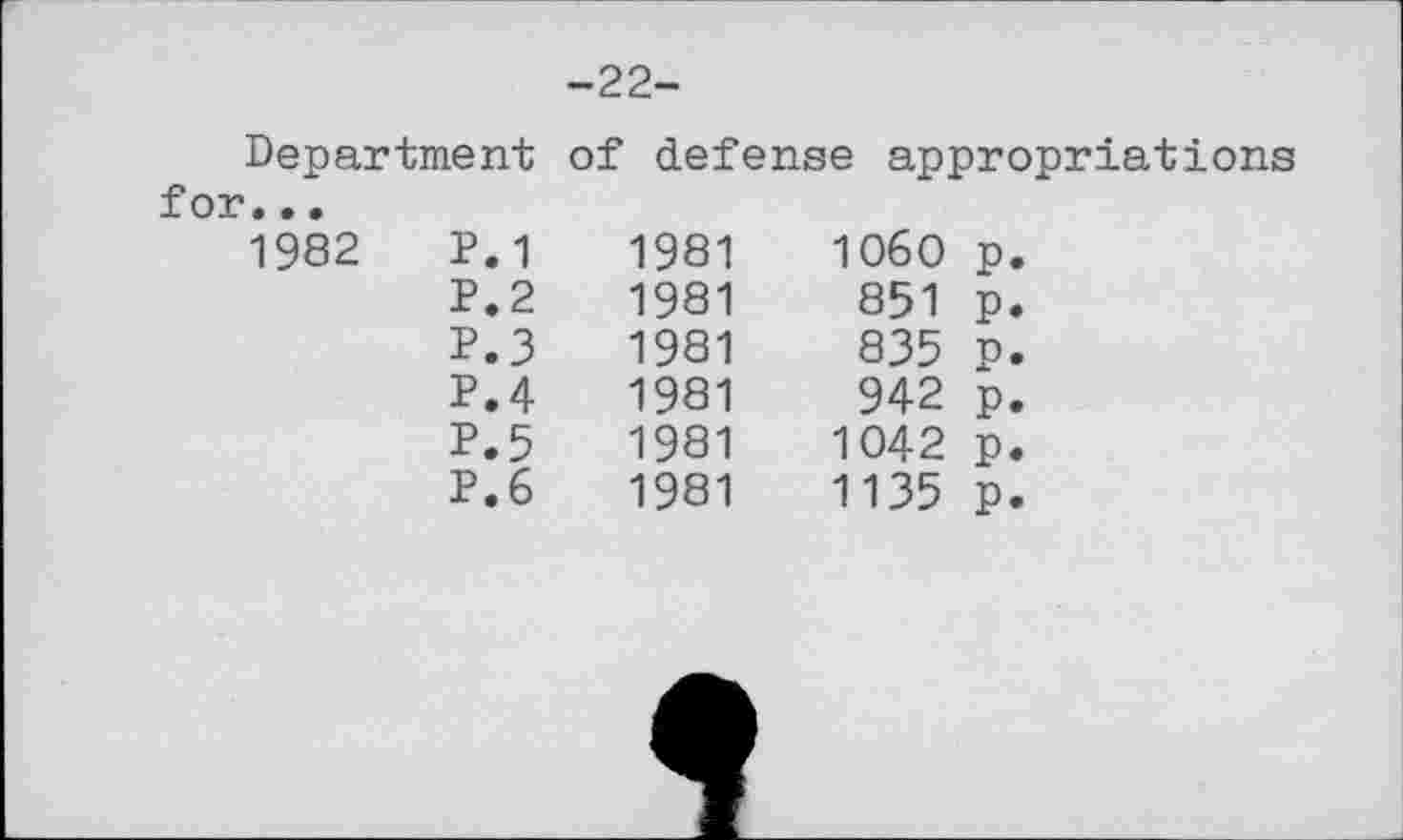 ﻿-22-
Department of defense appropriations				
for..• 1982	P.1	1981	1060	P.
	P.2	1981	851	P.
	P.3	1981	835	P.
	P.4	1981	942	P.
	P.5	1981	1042	P.
	P.6	1981	1135	P.